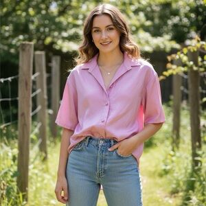 Vintage All Seasons Pink Crinkle Satin Button-Up Blouse, Made in USA, Size Small